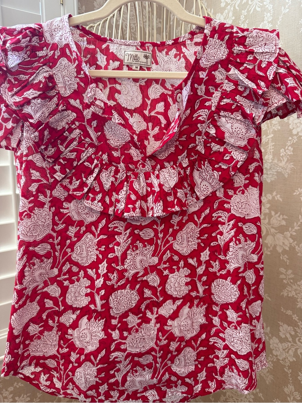 Mille resort and travel cotton Red Floral Ruffle Flutter-Sleeve Blouse